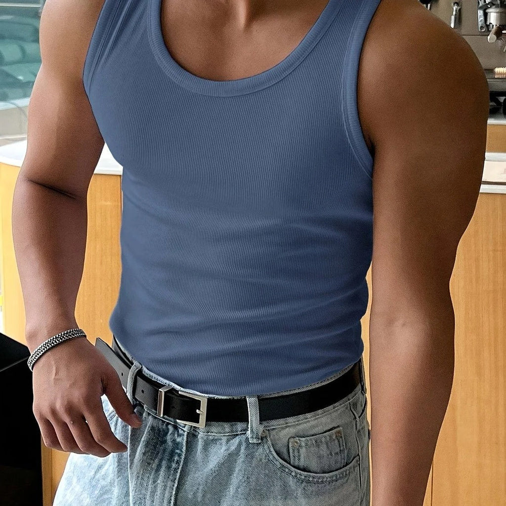 Men's Slim Fit Ribbed Tank Top - Breathable Stretch Sleeveless Shirt for Summer & Gym