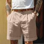 Men's White Cotton Linen Pleated Cuffed Shorts - Knee Length Casual Summer Wear