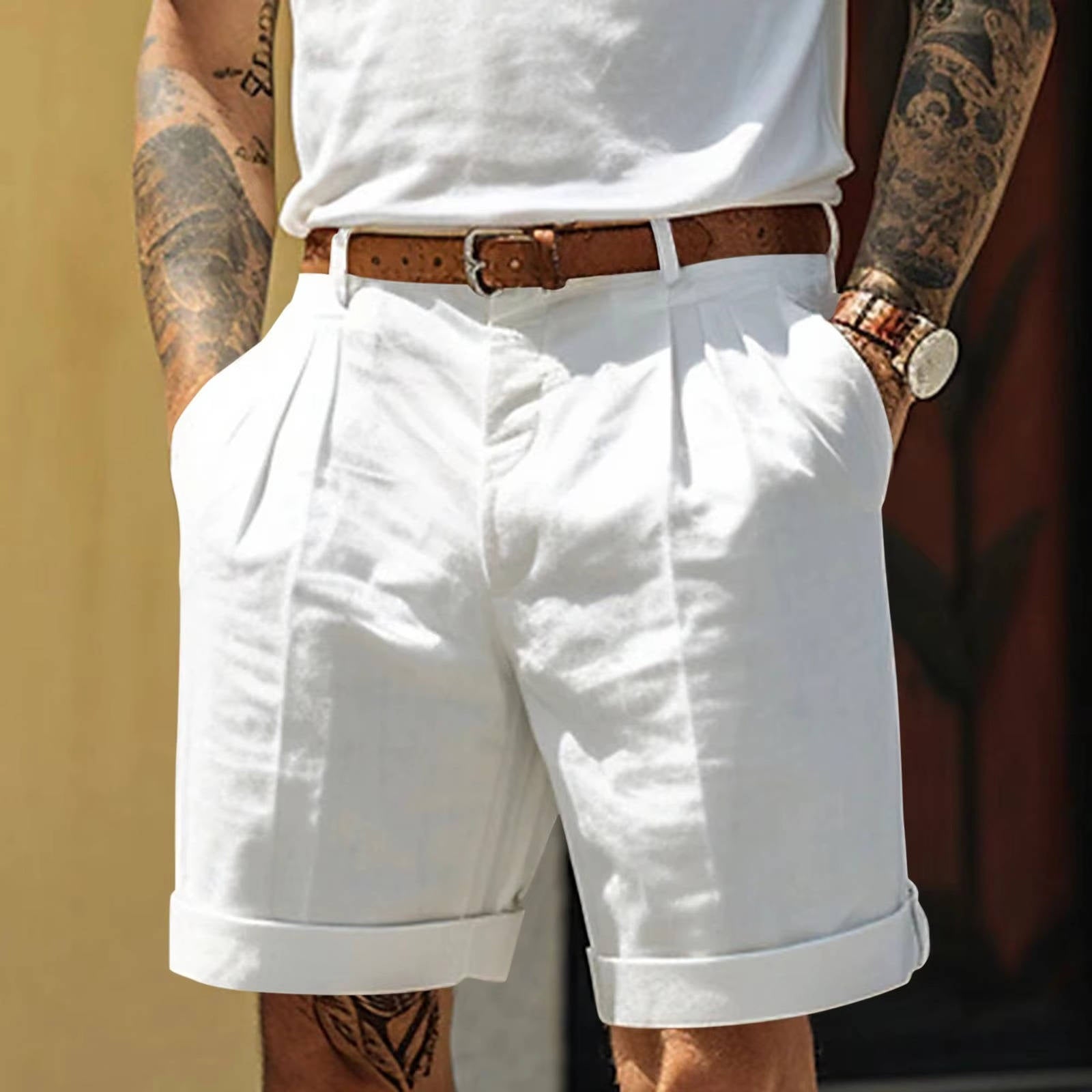 Men's White Cotton Linen Pleated Cuffed Shorts - Knee Length Casual Summer Wear