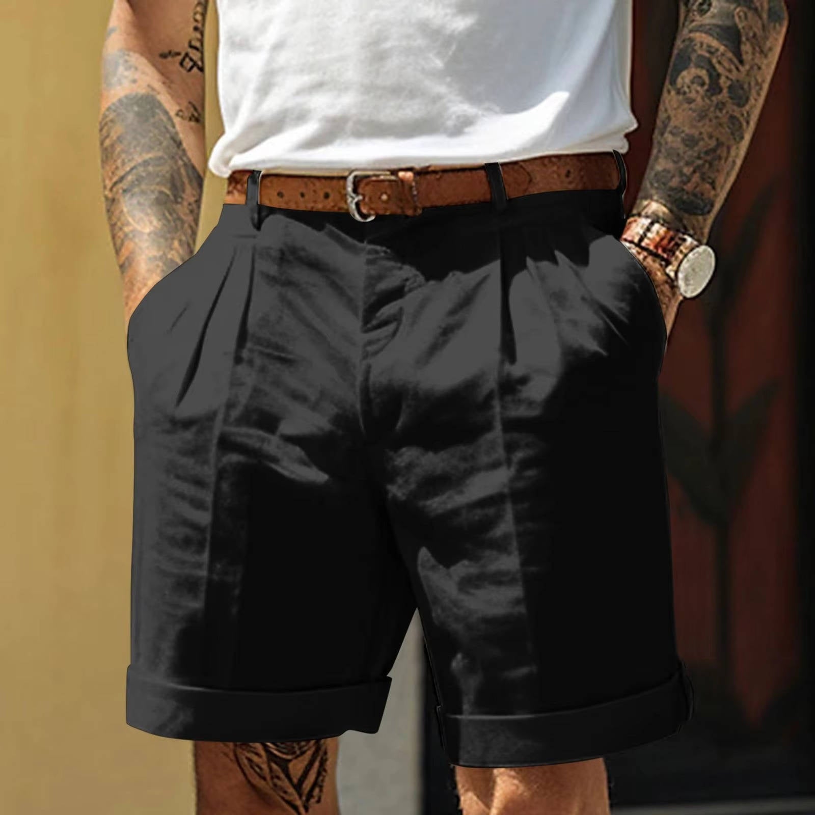 Men's White Cotton Linen Pleated Cuffed Shorts - Knee Length Casual Summer Wear
