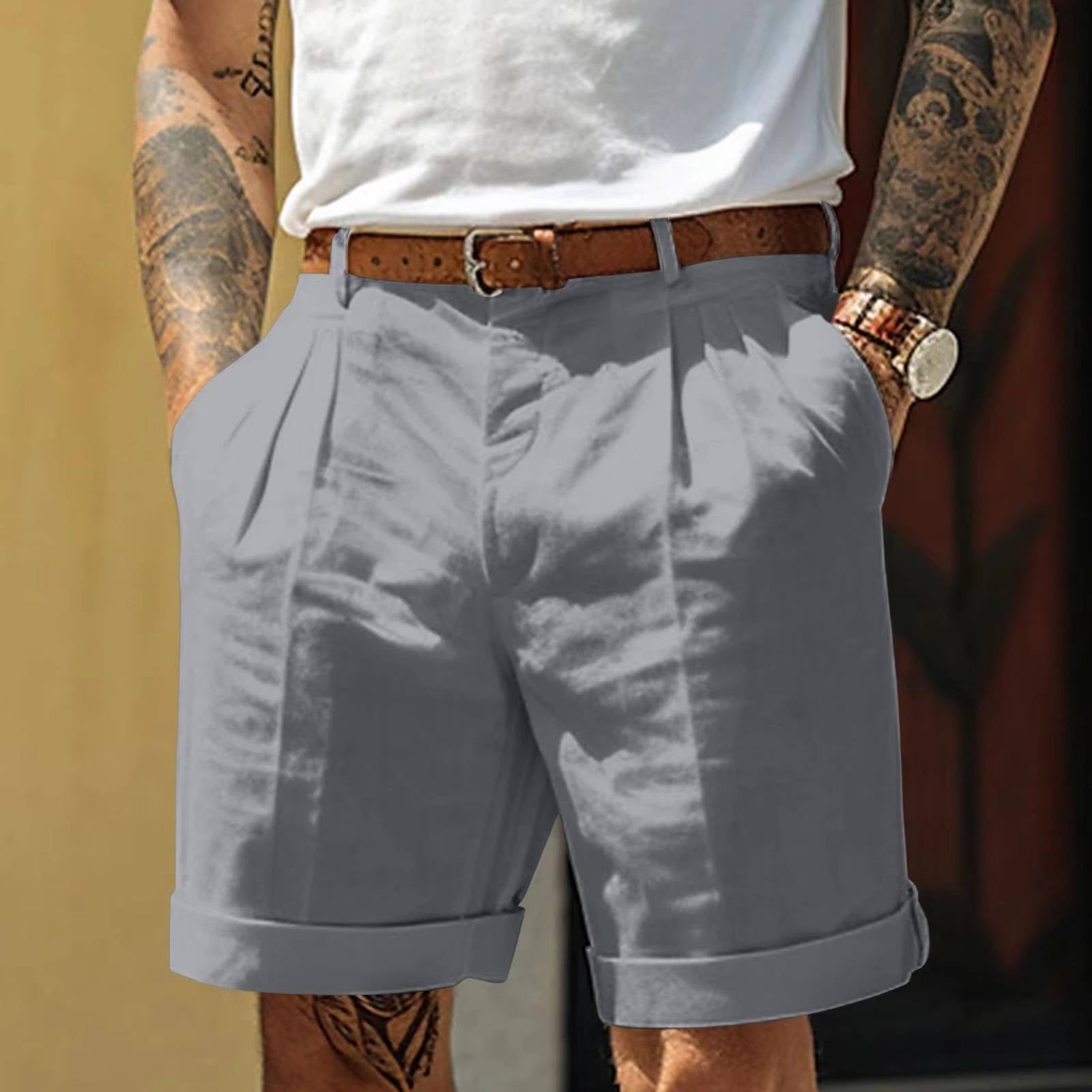 Men's White Cotton Linen Pleated Cuffed Shorts - Knee Length Casual Summer Wear