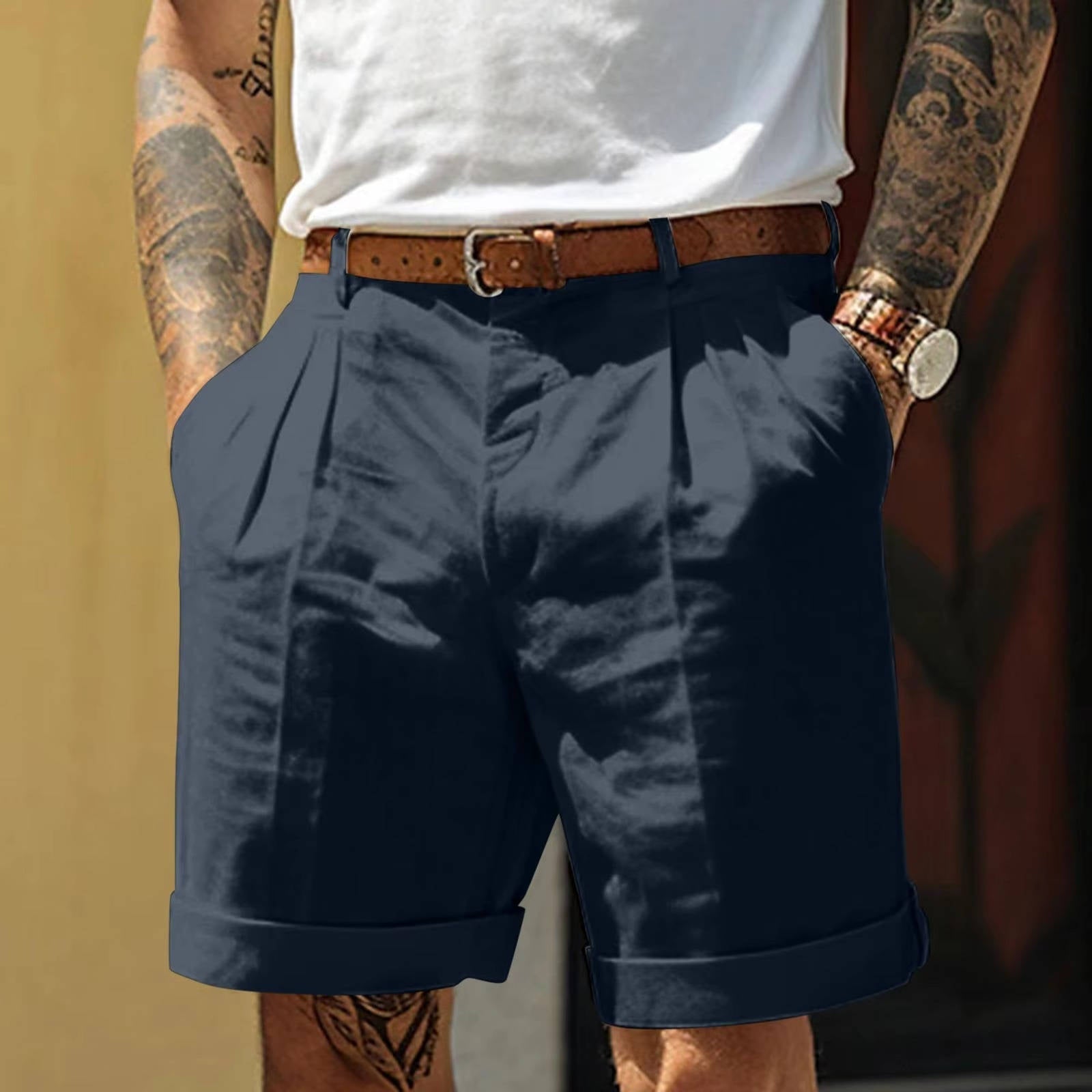 Men's White Cotton Linen Pleated Cuffed Shorts - Knee Length Casual Summer Wear