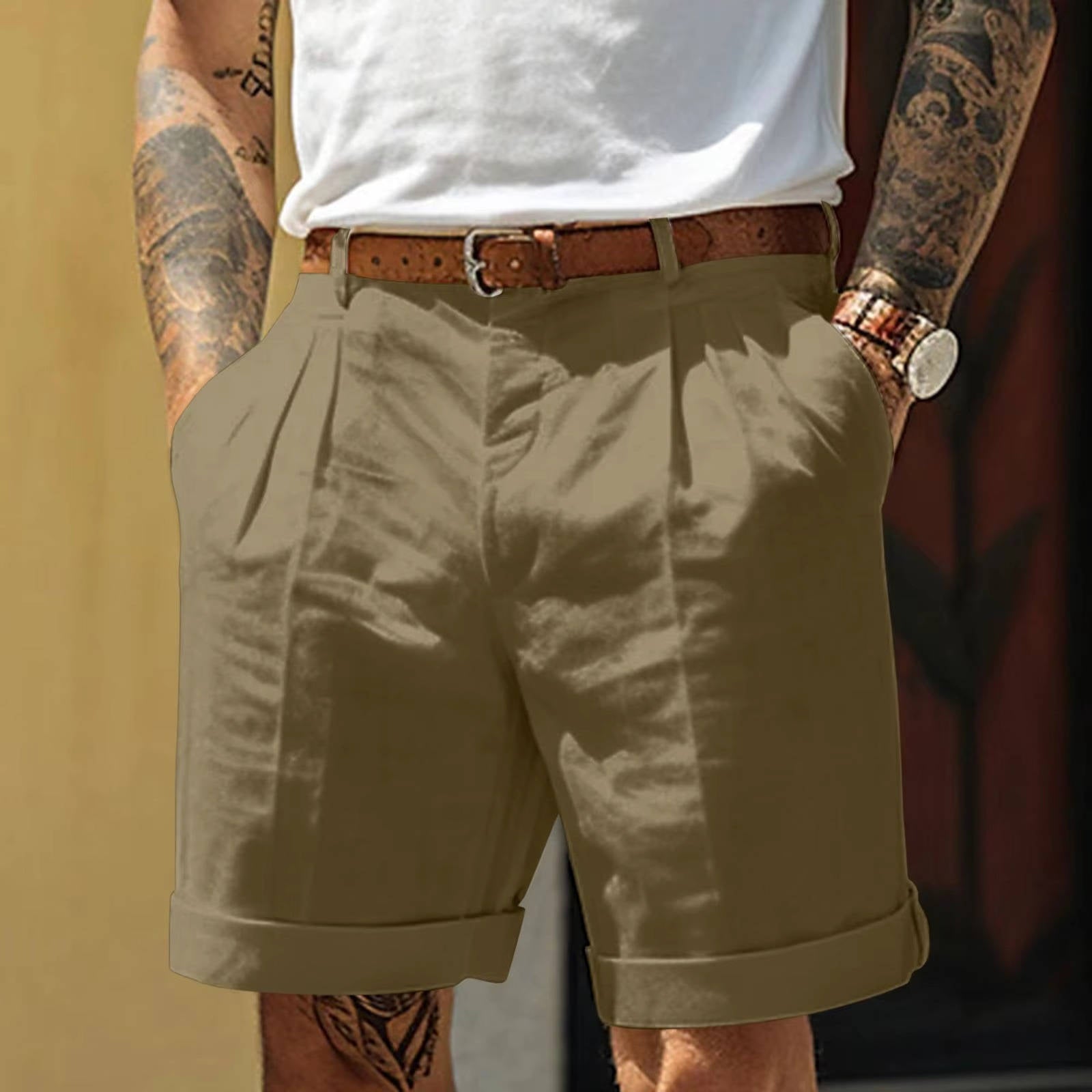 Men's White Cotton Linen Pleated Cuffed Shorts - Knee Length Casual Summer Wear