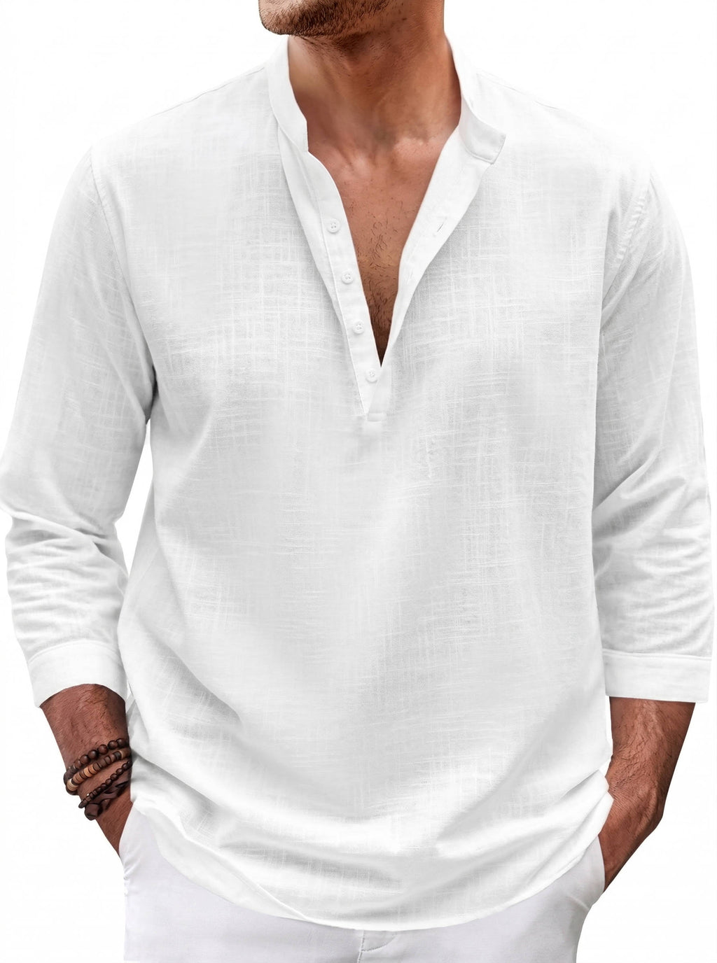 Men's Cotton Linen Henley Shirt - 3/4 Sleeve Casual Summer Top