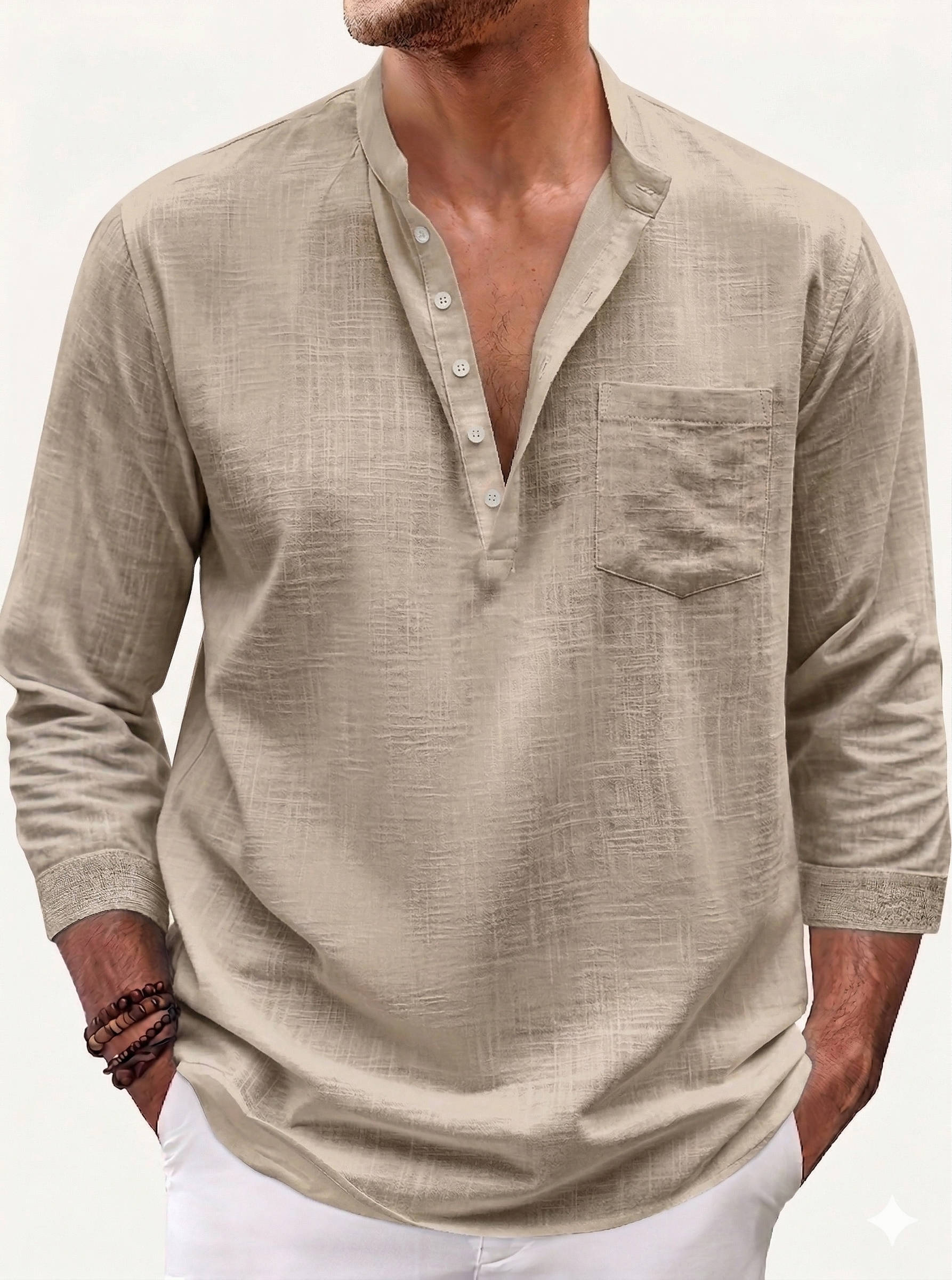 Men's Cotton Linen Henley Shirt - 3/4 Sleeve Casual Summer Top