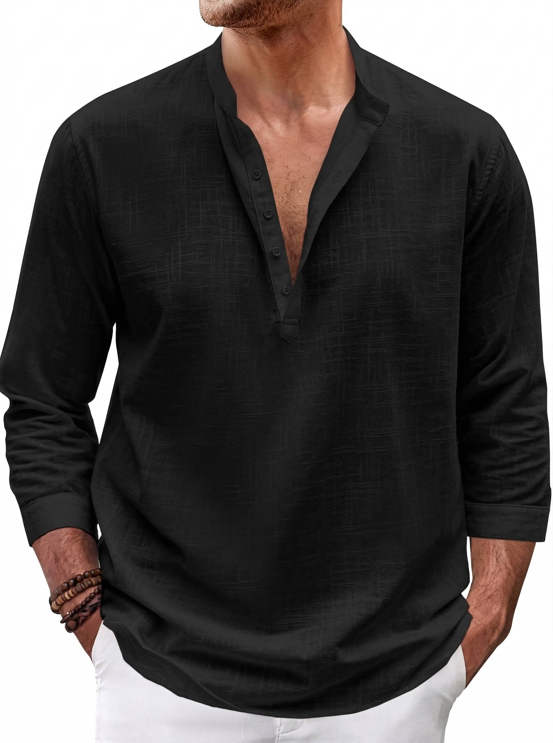 Men's Cotton Linen Henley Shirt - 3/4 Sleeve Casual Summer Top