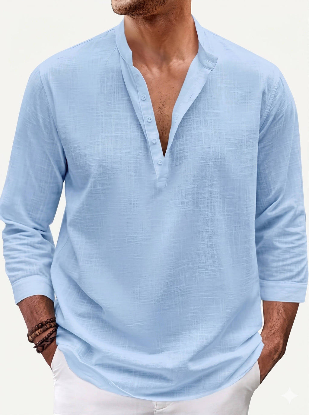Men's Cotton Linen Henley Shirt - 3/4 Sleeve Casual Summer Top