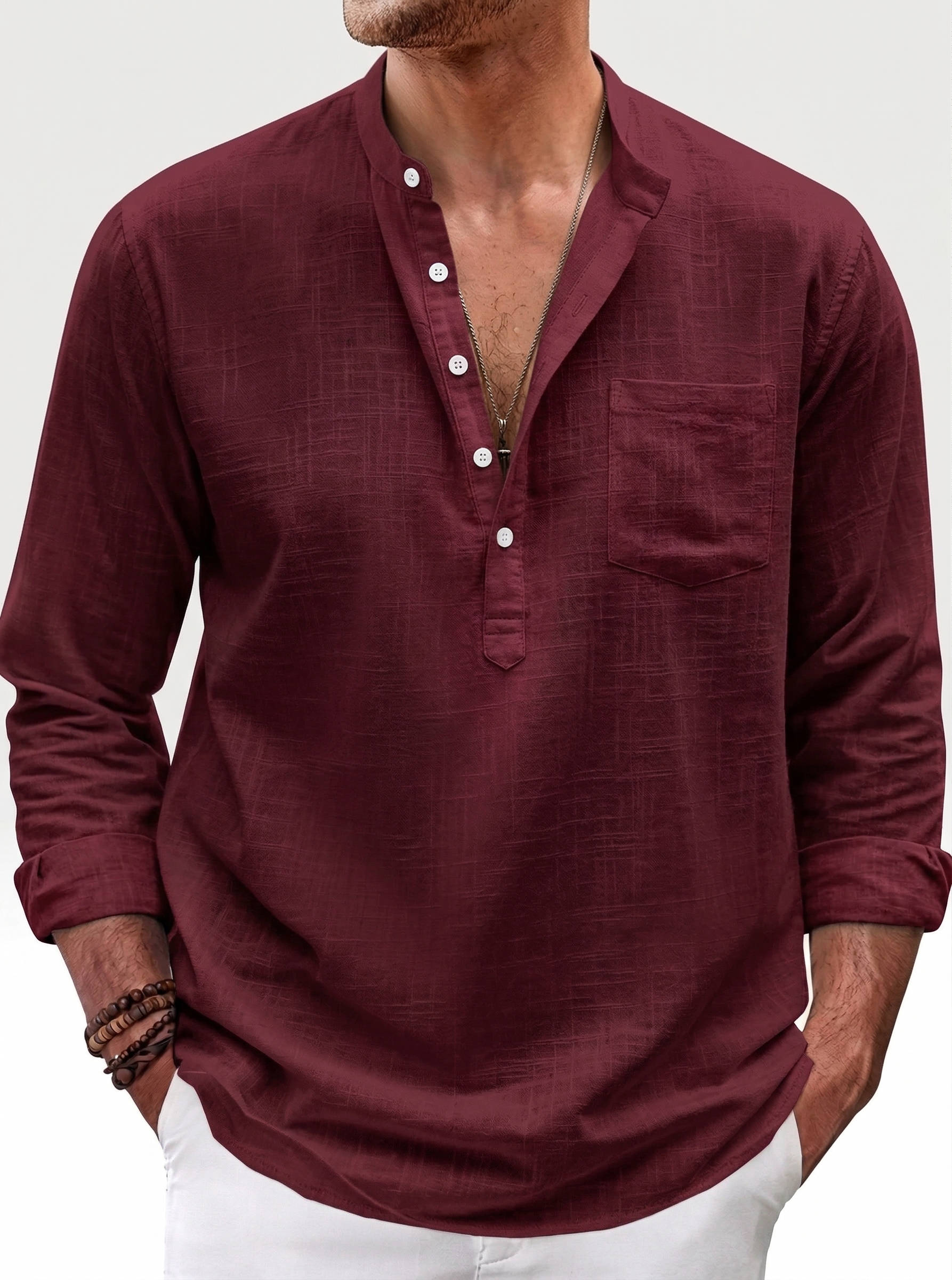 Men's Linen Blend Henley Shirt - 3/4 Sleeve Casual Top with Stand Collar