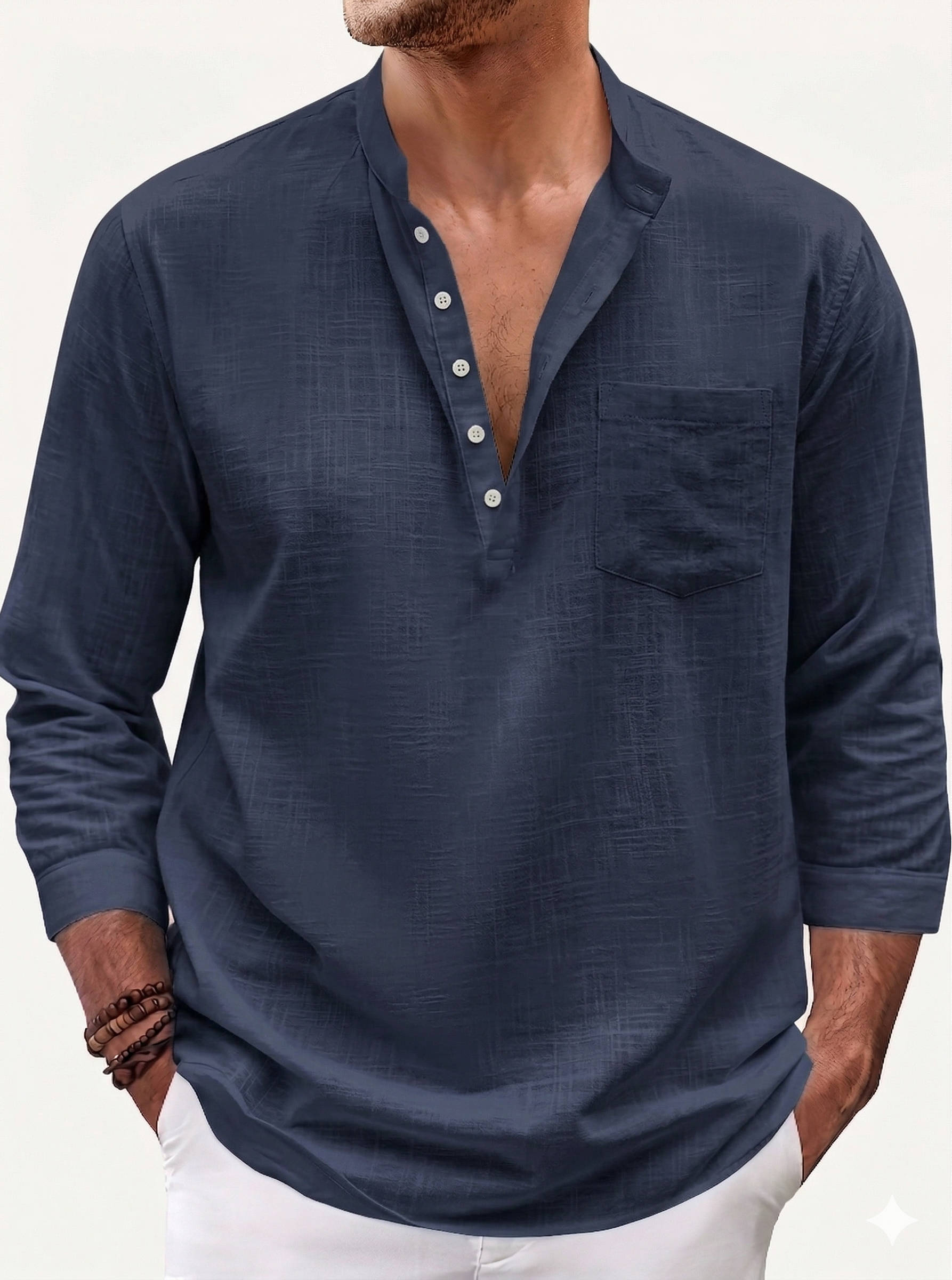 Men's Linen Blend Henley Shirt - 3/4 Sleeve Casual Top with Stand Collar
