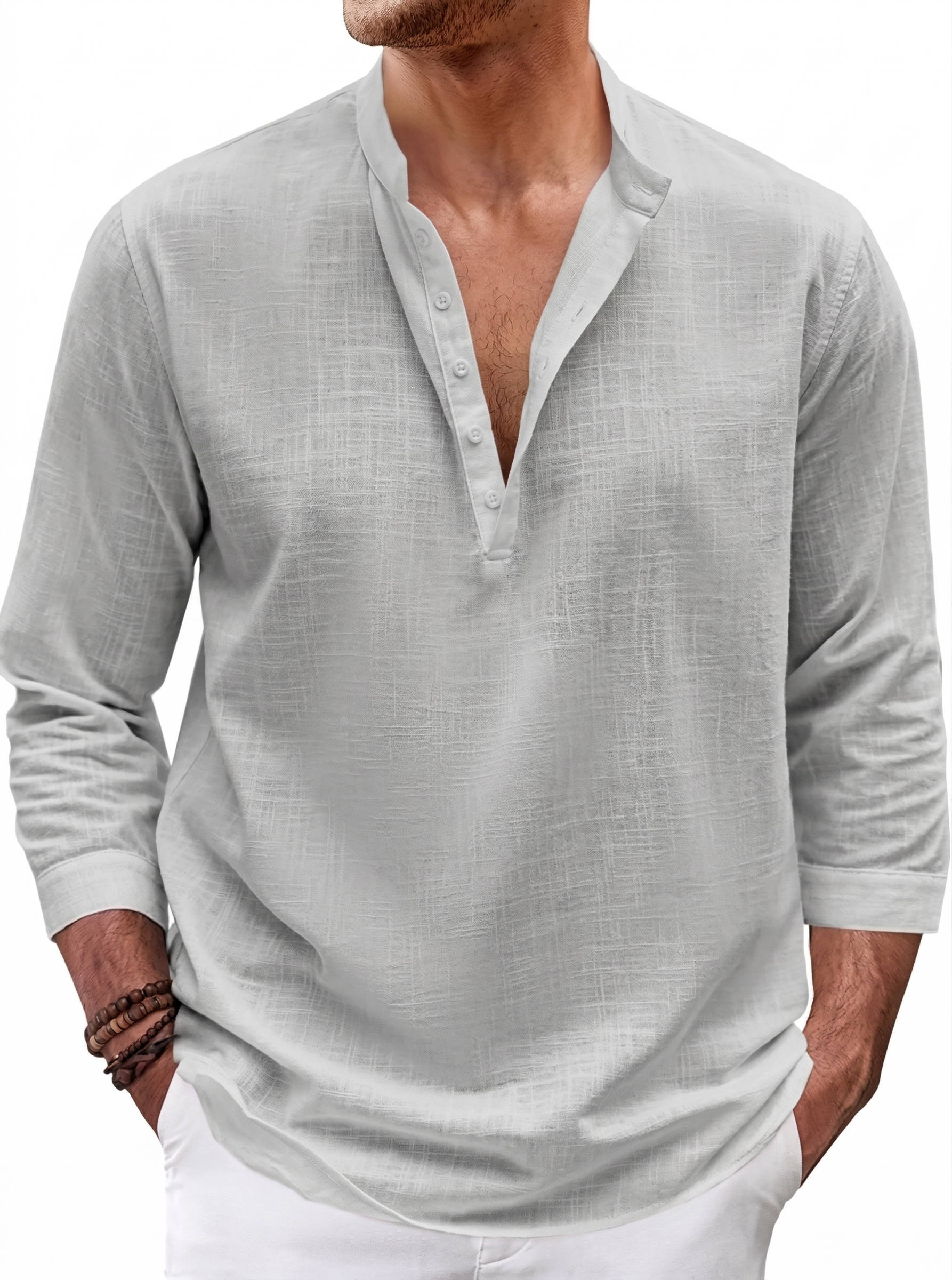 Men's Cotton Linen Henley Shirt - 3/4 Sleeve Casual Summer Top