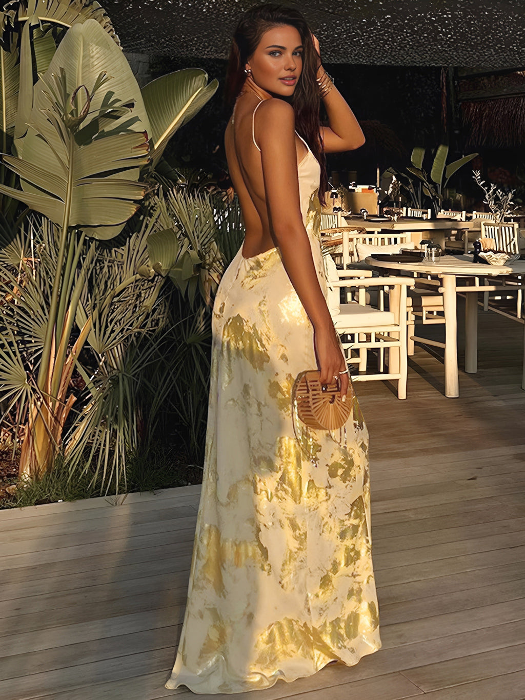 Backless Jersey Maxi Dress for Women - V-Neck Sleeveless Evening Wear
