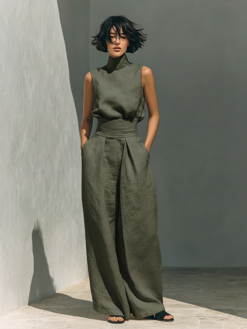 Minimalist Cotton-Linen Sleeveless Blouse & Wide-Leg Pants Set for Women