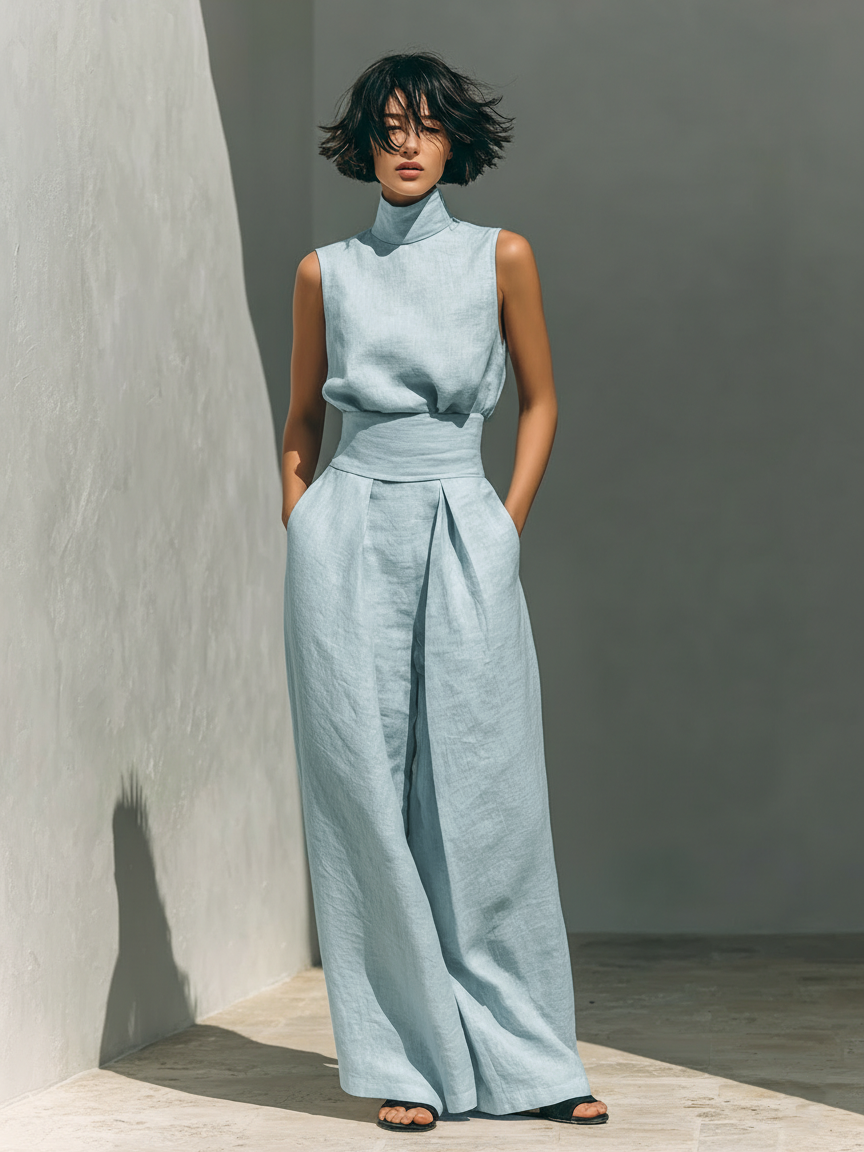 Minimalist Cotton-Linen Sleeveless Blouse & Wide-Leg Pants Set for Women