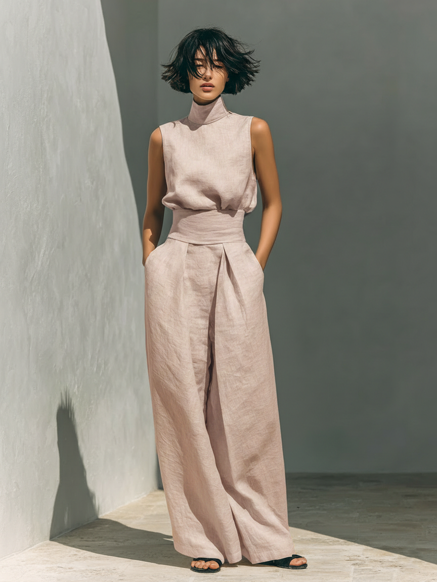 Minimalist Cotton-Linen Sleeveless Blouse & Wide-Leg Pants Set for Women