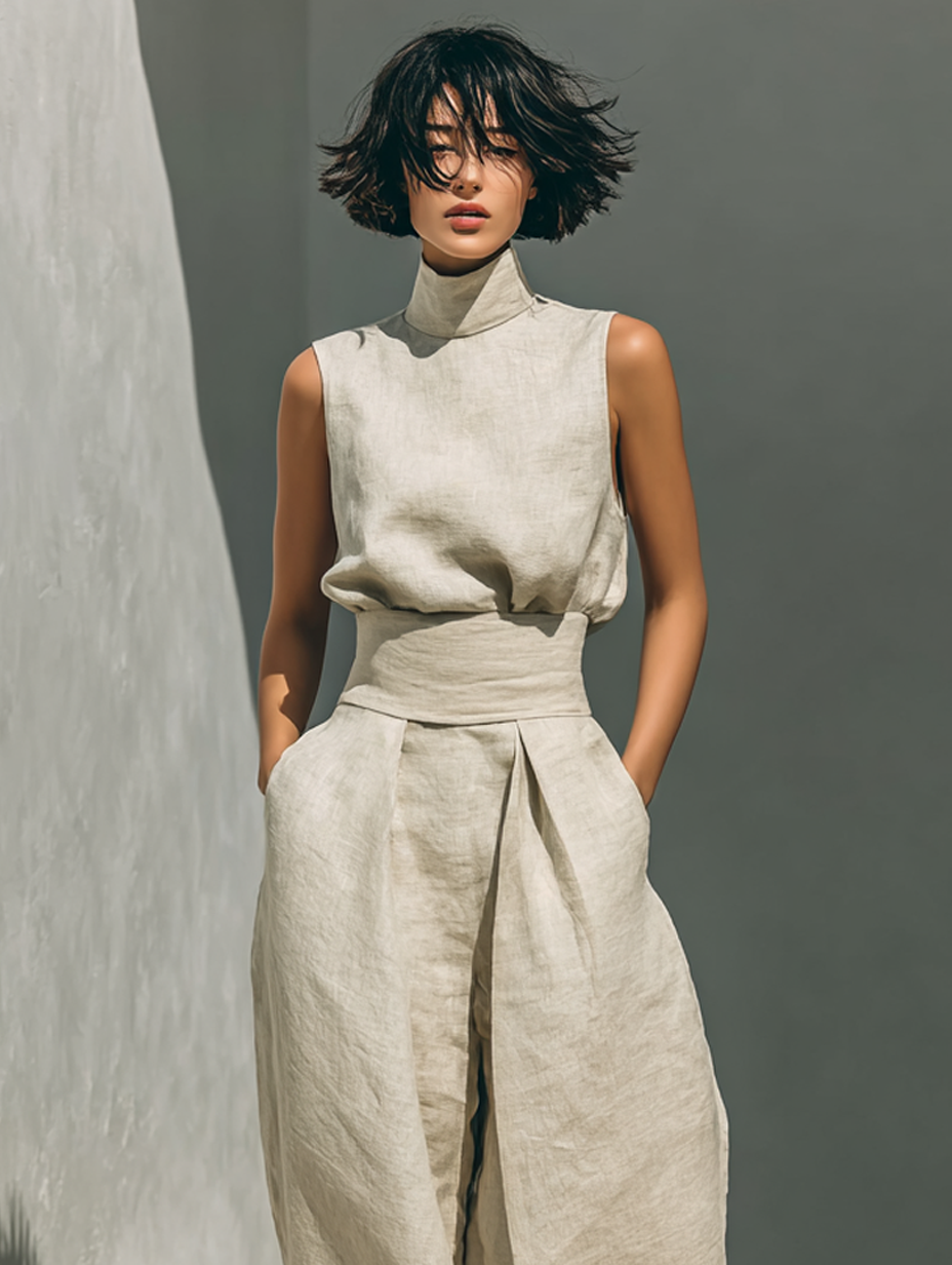 Minimalist Cotton-Linen Sleeveless Blouse & Wide-Leg Pants Set for Women