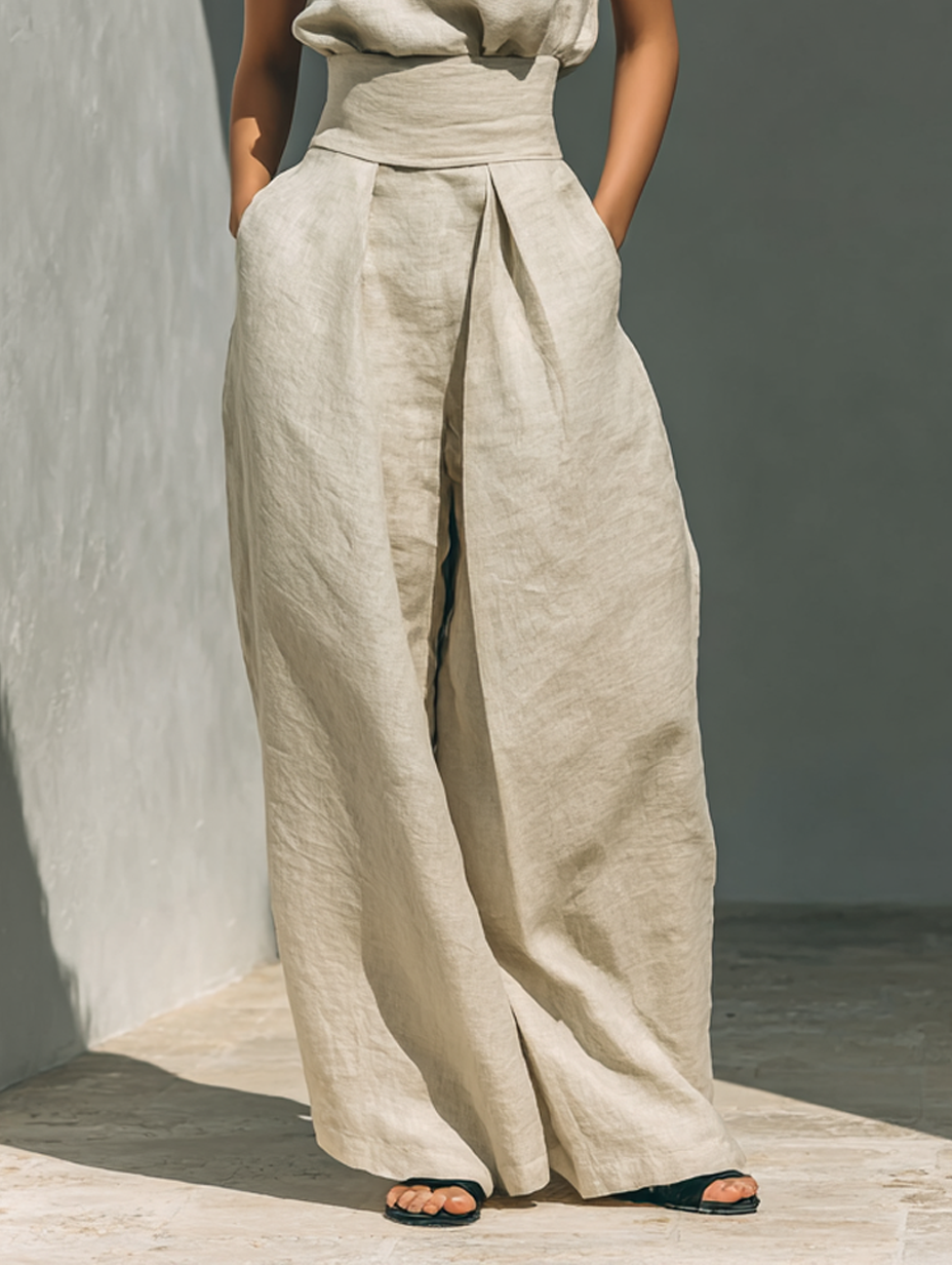 Minimalist Cotton-Linen Sleeveless Blouse & Wide-Leg Pants Set for Women