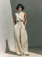 Minimalist Cotton-Linen Sleeveless Blouse & Wide-Leg Pants Set for Women