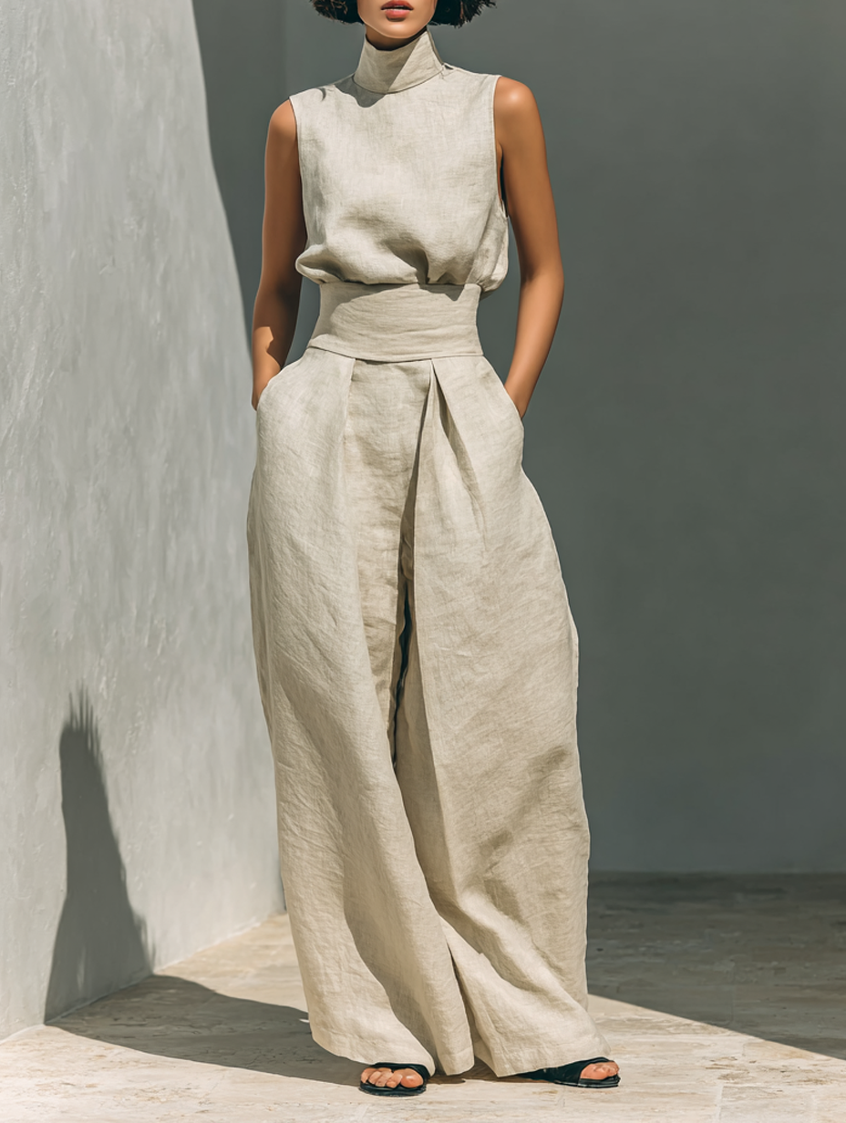 Minimalist Cotton-Linen Sleeveless Blouse & Wide-Leg Pants Set for Women