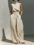 Minimalist Cotton-Linen Sleeveless Blouse & Wide-Leg Pants Set for Women