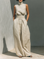 Minimalist Cotton-Linen Sleeveless Blouse & Wide-Leg Pants Set for Women