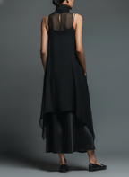 Minimalist Imitation Acetate Slip Dress with Chiffon Overlay Maxi Dress