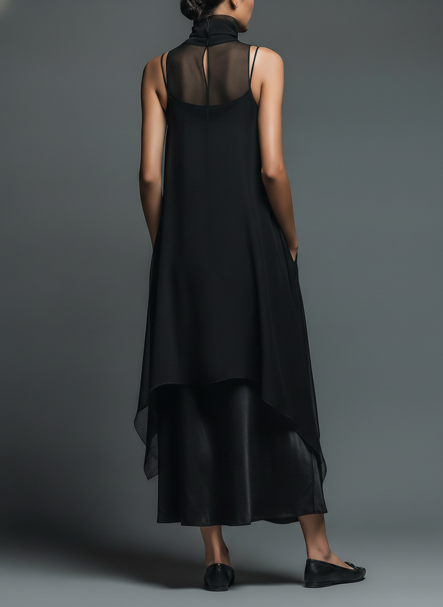 Minimalist Imitation Acetate Slip Dress with Chiffon Overlay Maxi Dress
