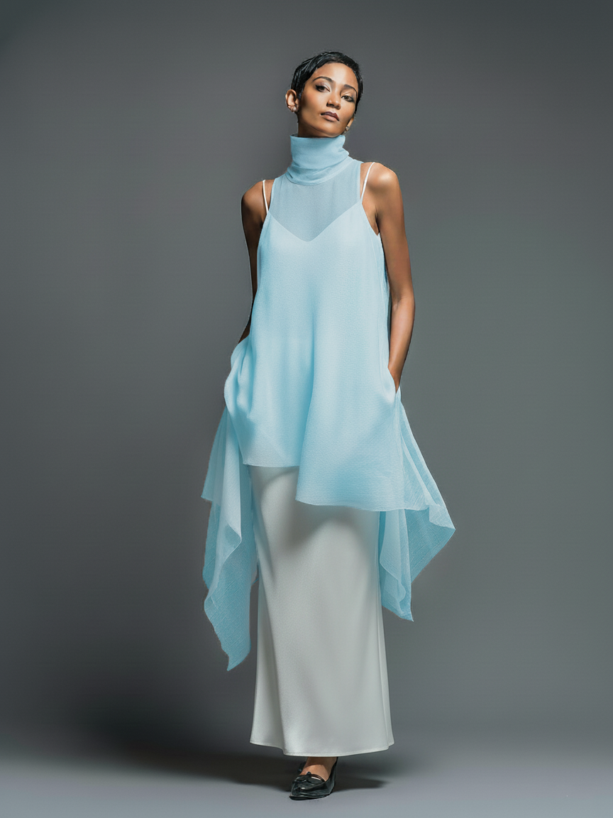 Minimalist Imitation Acetate Slip Dress with Chiffon Overlay Maxi Dress