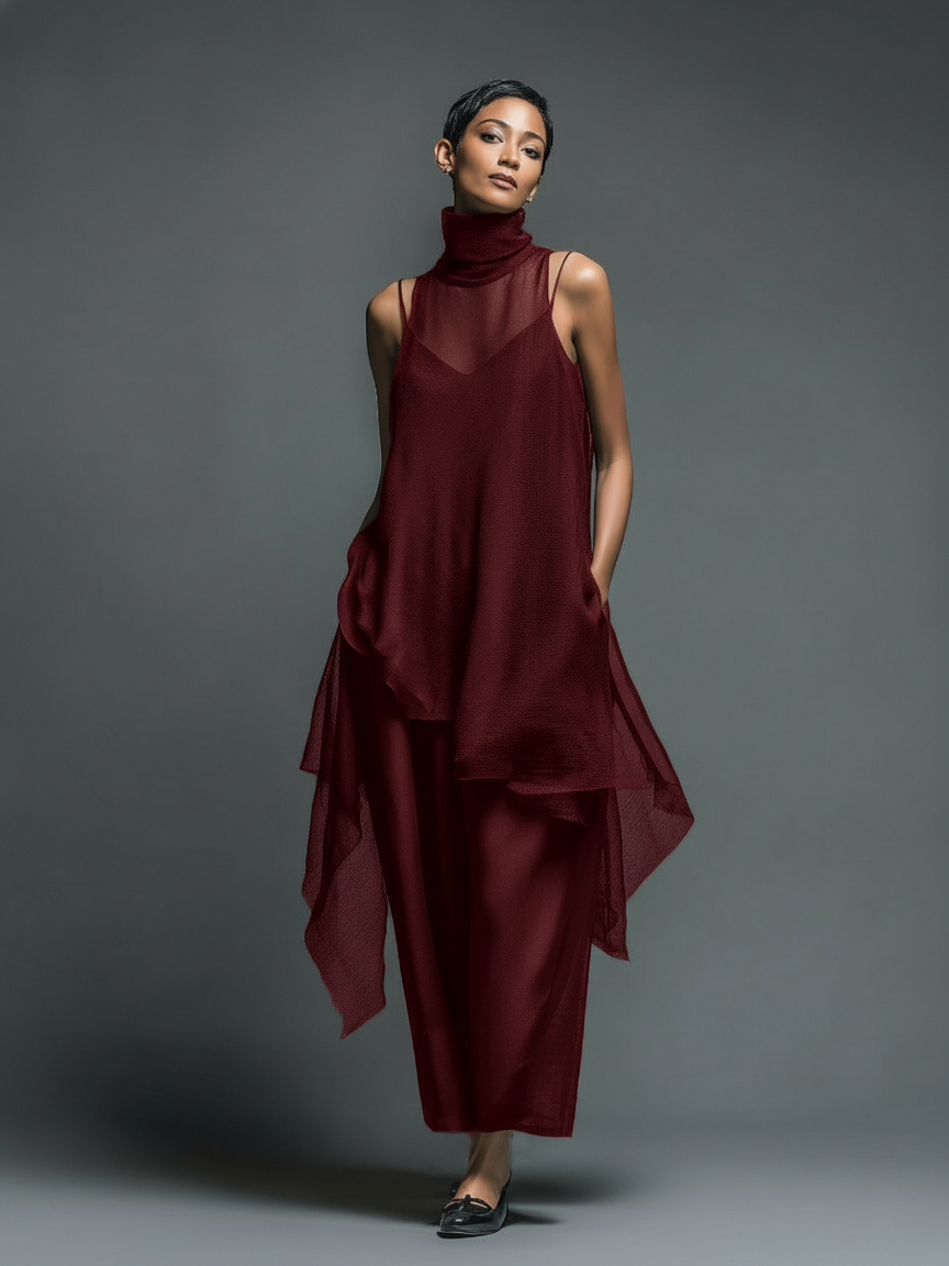 Minimalist Imitation Acetate Slip Dress with Chiffon Overlay Maxi Dress