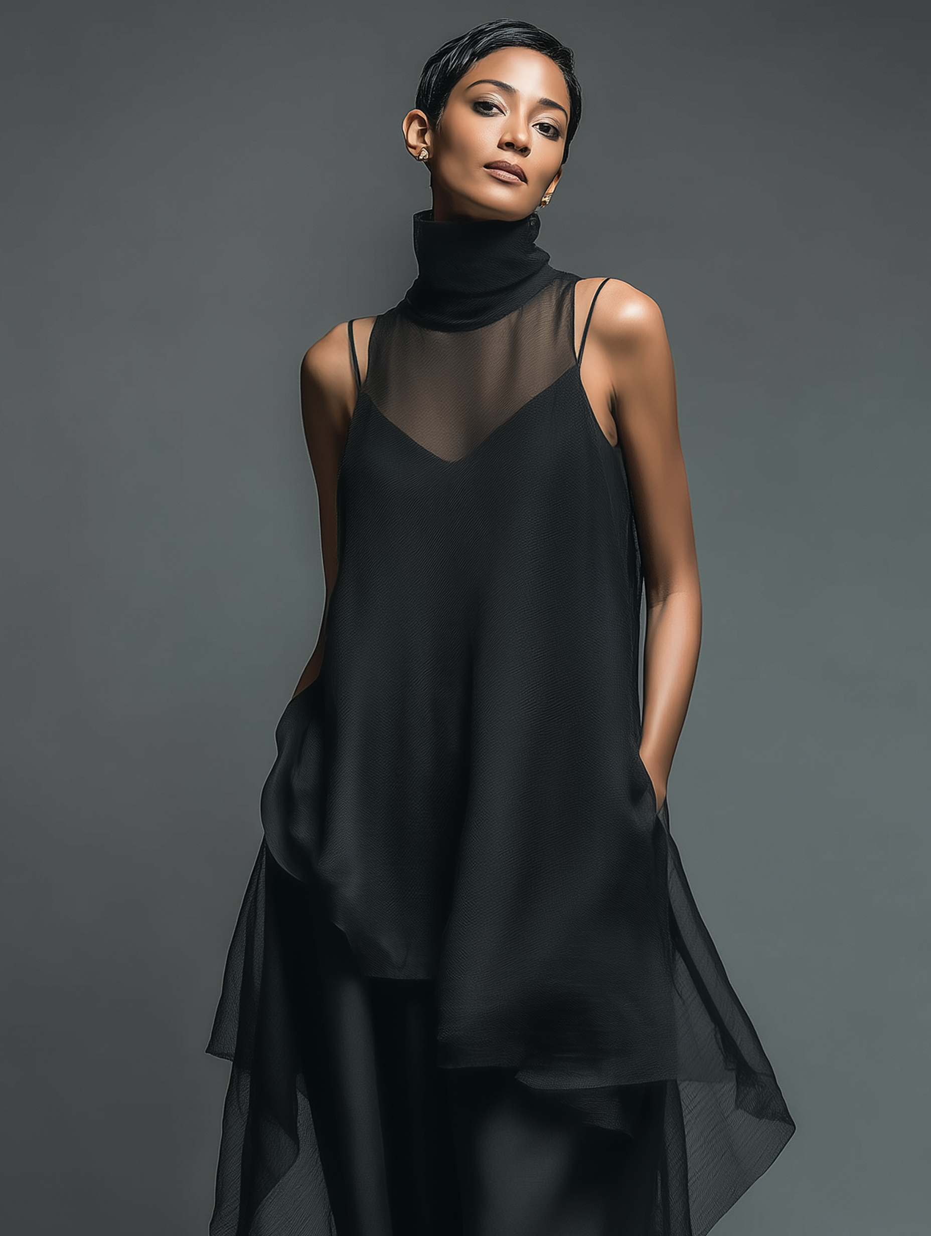 Minimalist Imitation Acetate Slip Dress with Chiffon Overlay Maxi Dress