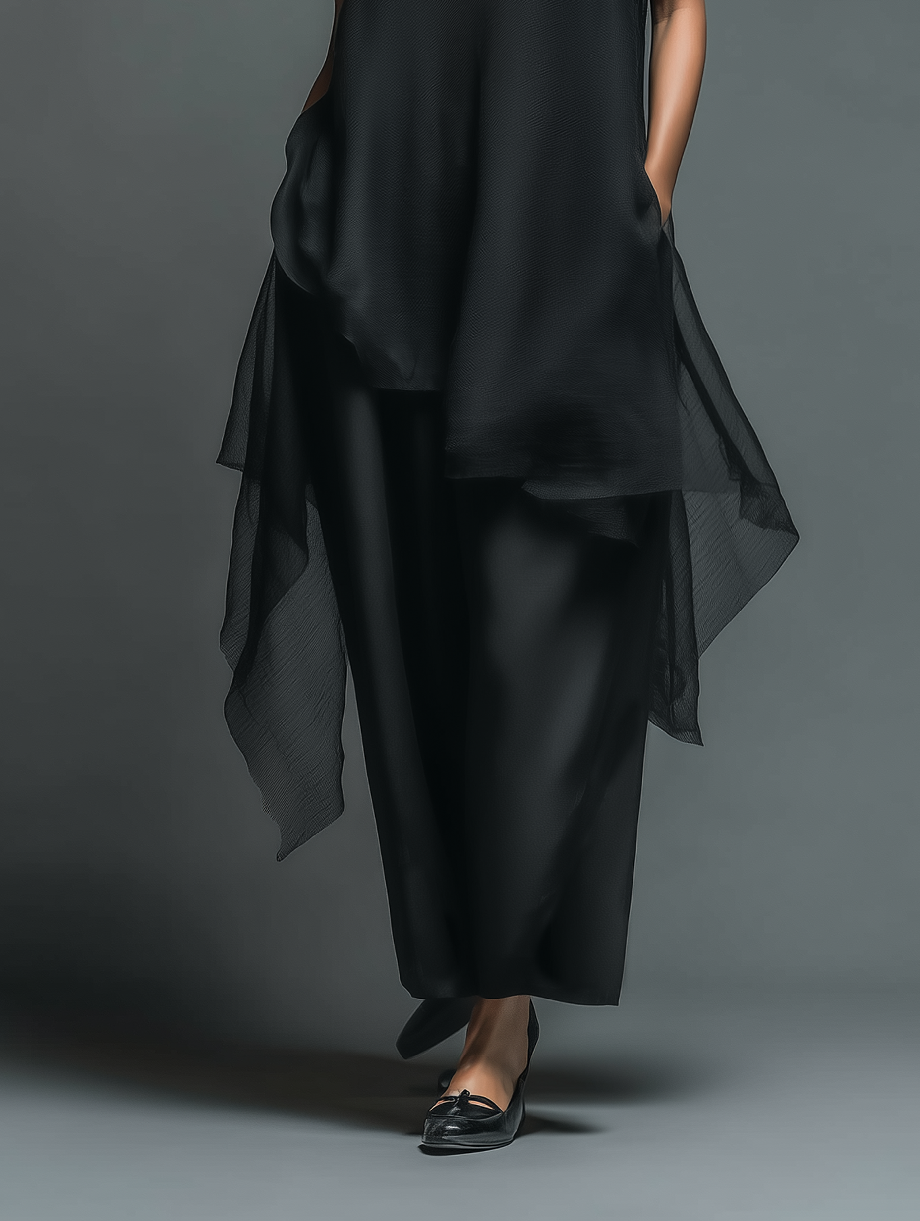 Minimalist Imitation Acetate Slip Dress with Chiffon Overlay Maxi Dress