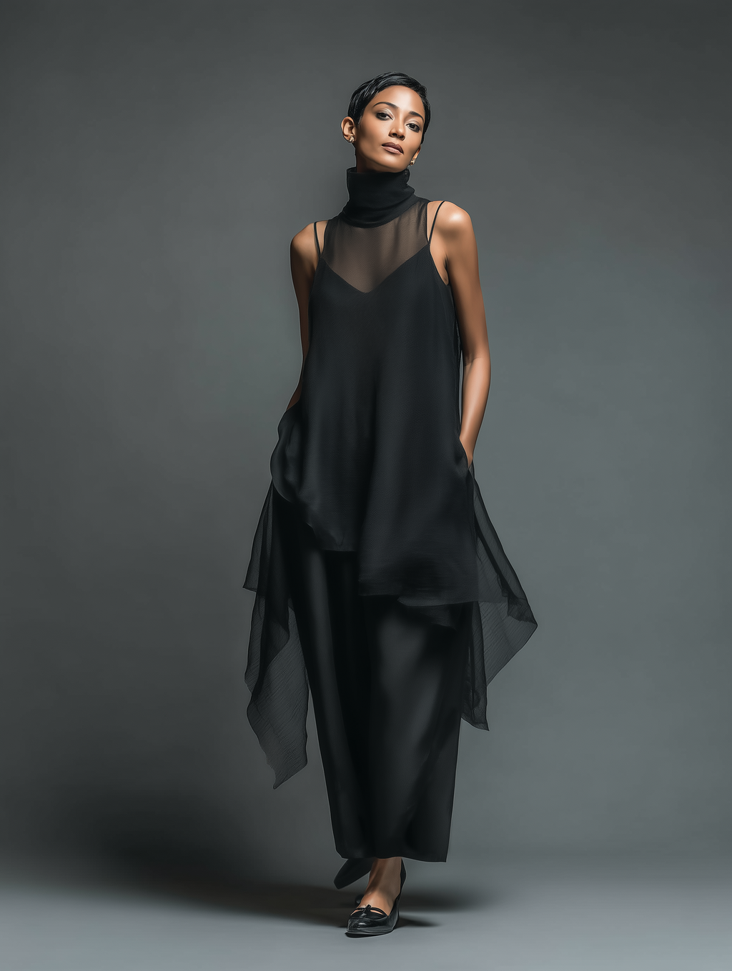 Minimalist Imitation Acetate Slip Dress with Chiffon Overlay Maxi Dress