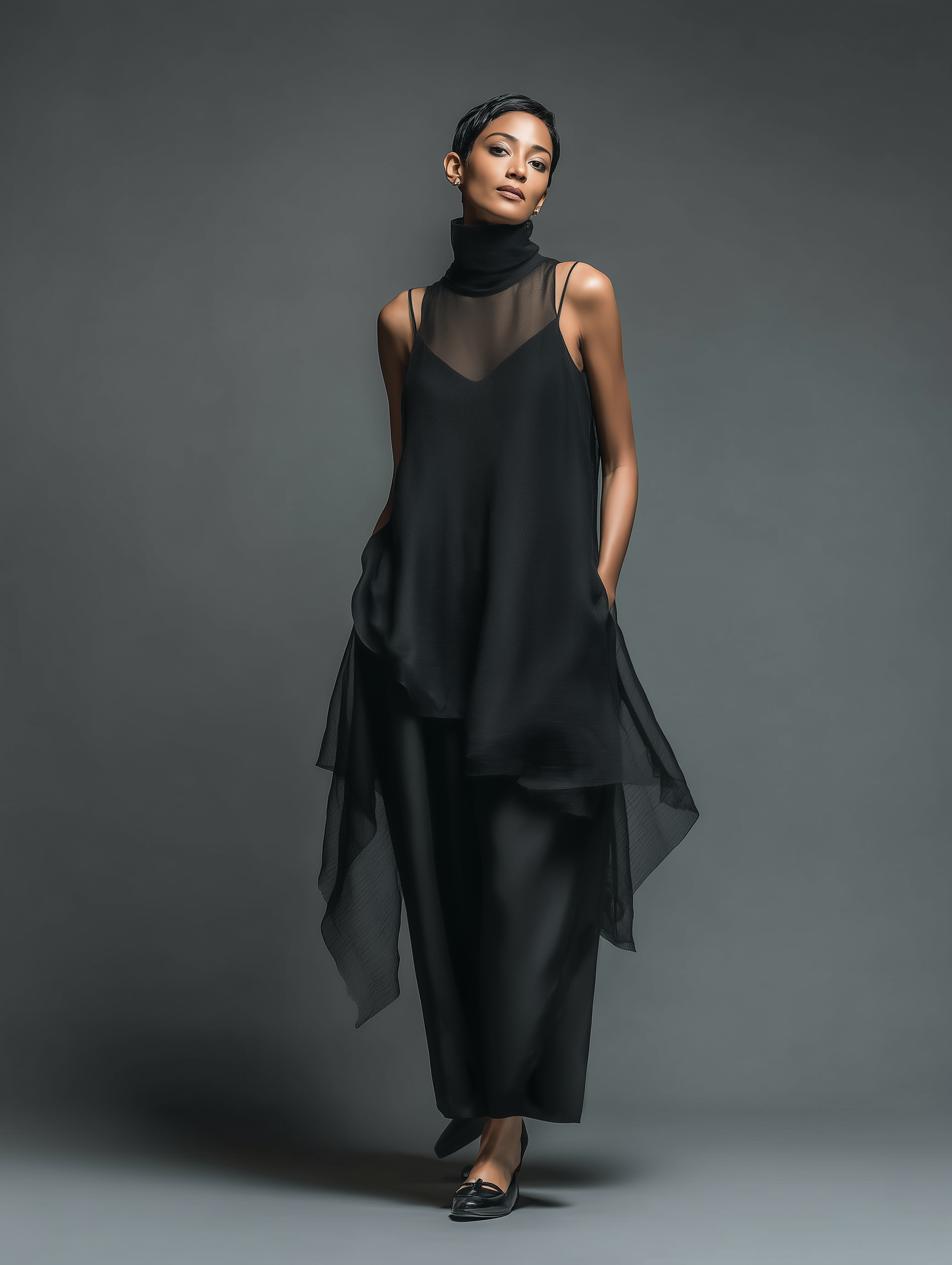 Minimalist Imitation Acetate Slip Dress with Chiffon Overlay Maxi Dress
