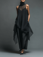 Minimalist Imitation Acetate Slip Dress with Chiffon Overlay Maxi Dress