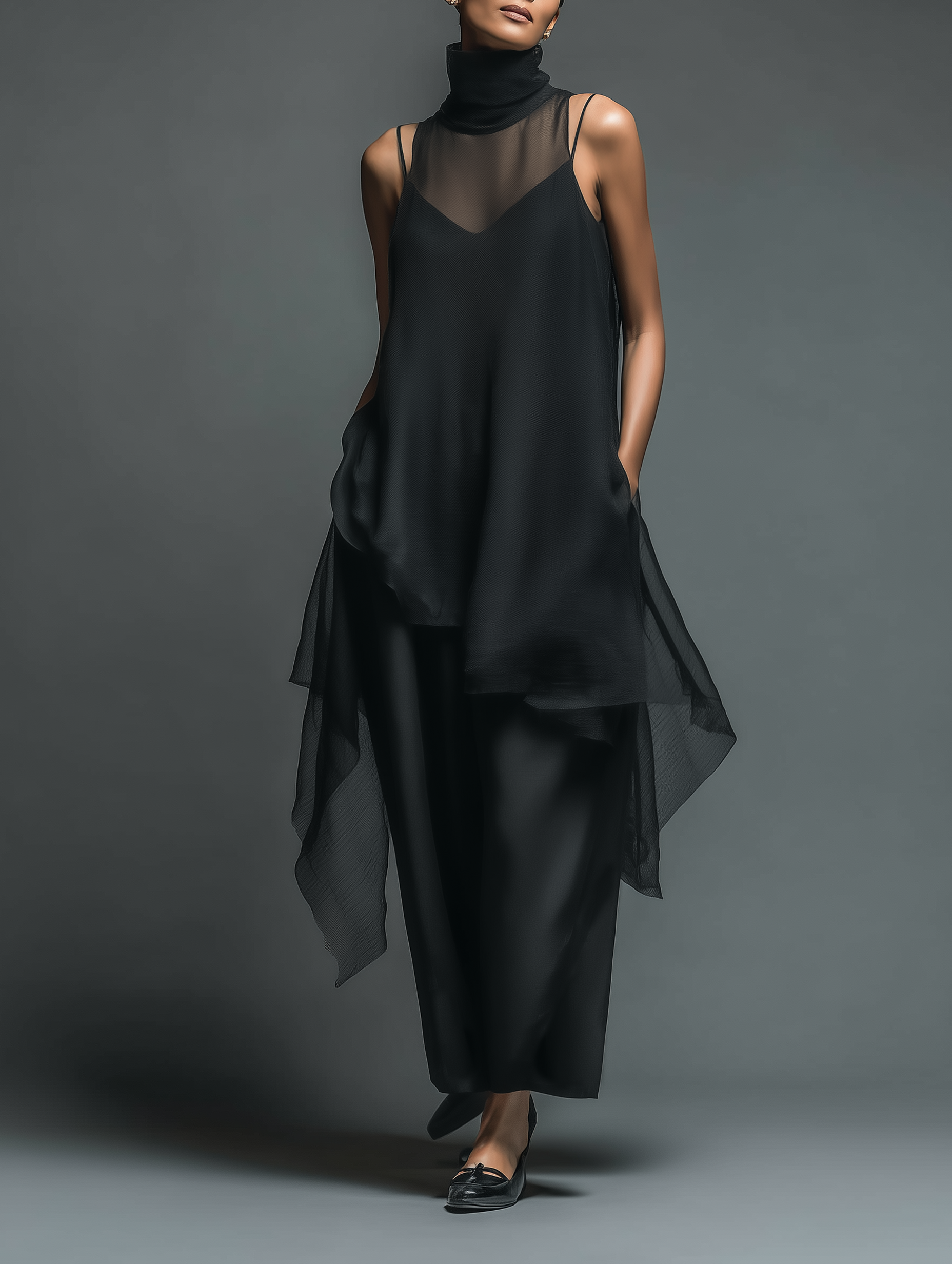 Minimalist Imitation Acetate Slip Dress with Chiffon Overlay Maxi Dress