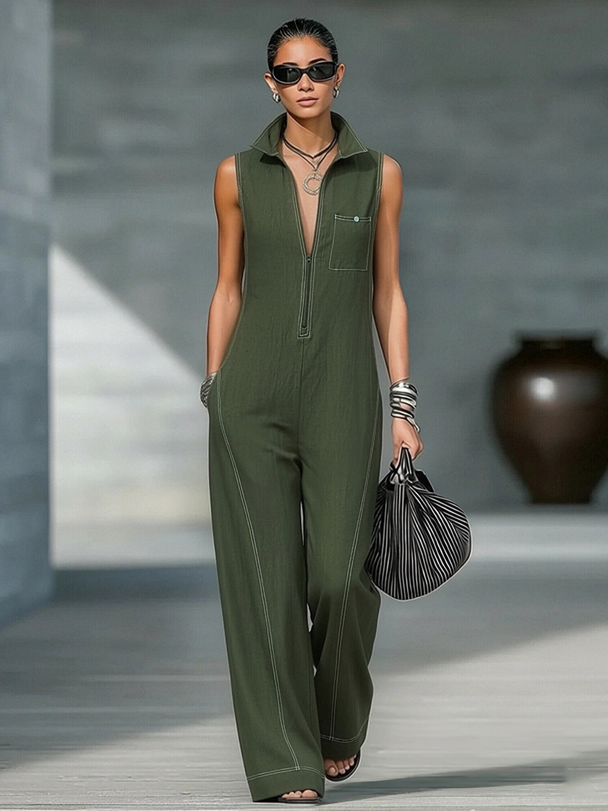 Minimalist Sleeveless Jumpsuit with White Trim for Women - Loose Fit, Casual Wear