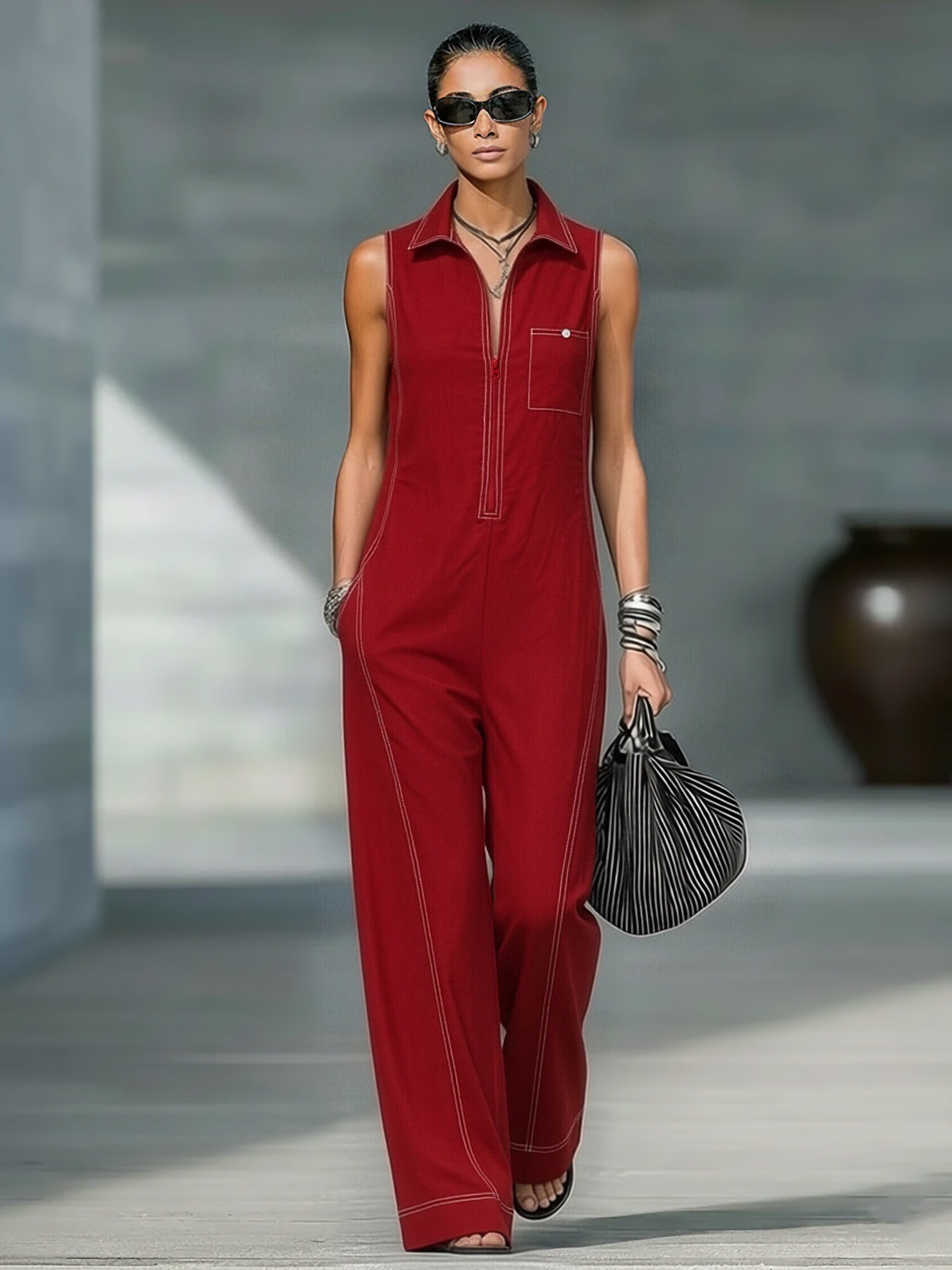 Minimalist Sleeveless Jumpsuit with White Trim for Women - Loose Fit, Casual Wear