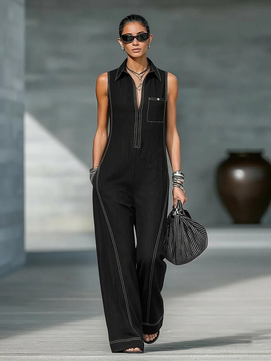 Minimalist Sleeveless Jumpsuit with White Trim for Women - Loose Fit, Casual Wear