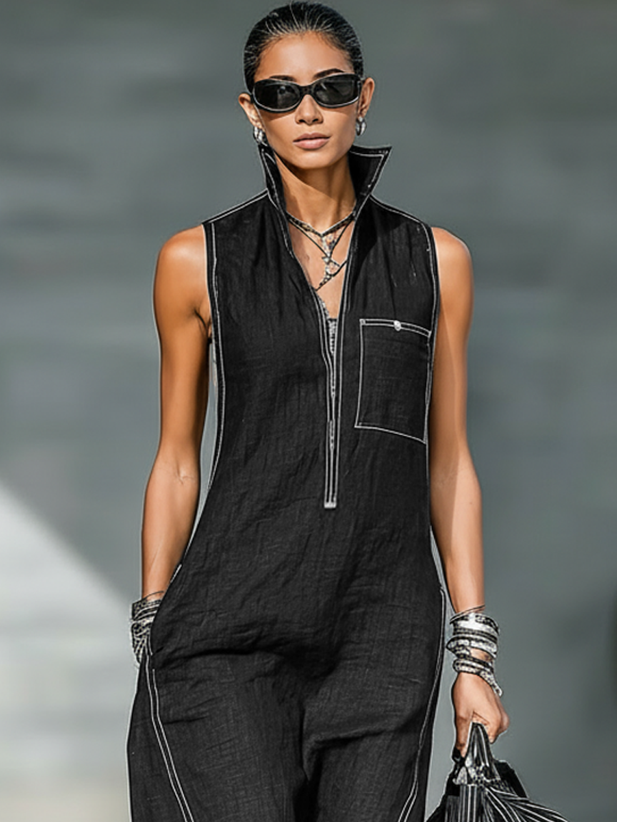 Minimalist Sleeveless Jumpsuit with White Trim for Women - Loose Fit, Casual Wear
