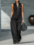 Minimalist Sleeveless Jumpsuit with White Trim for Women - Loose Fit, Casual Wear