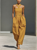 Mustard Yellow Linen-Blend Jumpsuit with Crisscross Neckline for Women