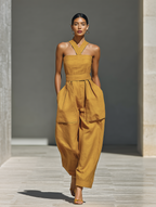 Mustard Yellow Linen-Blend Jumpsuit with Crisscross Neckline for Women