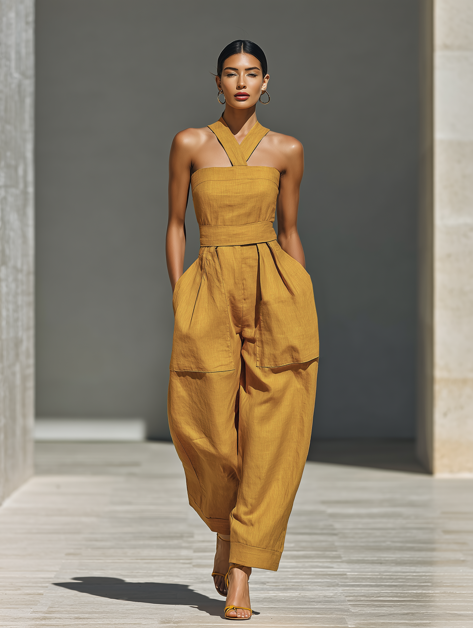 Mustard Yellow Linen-Blend Jumpsuit with Crisscross Neckline for Women
