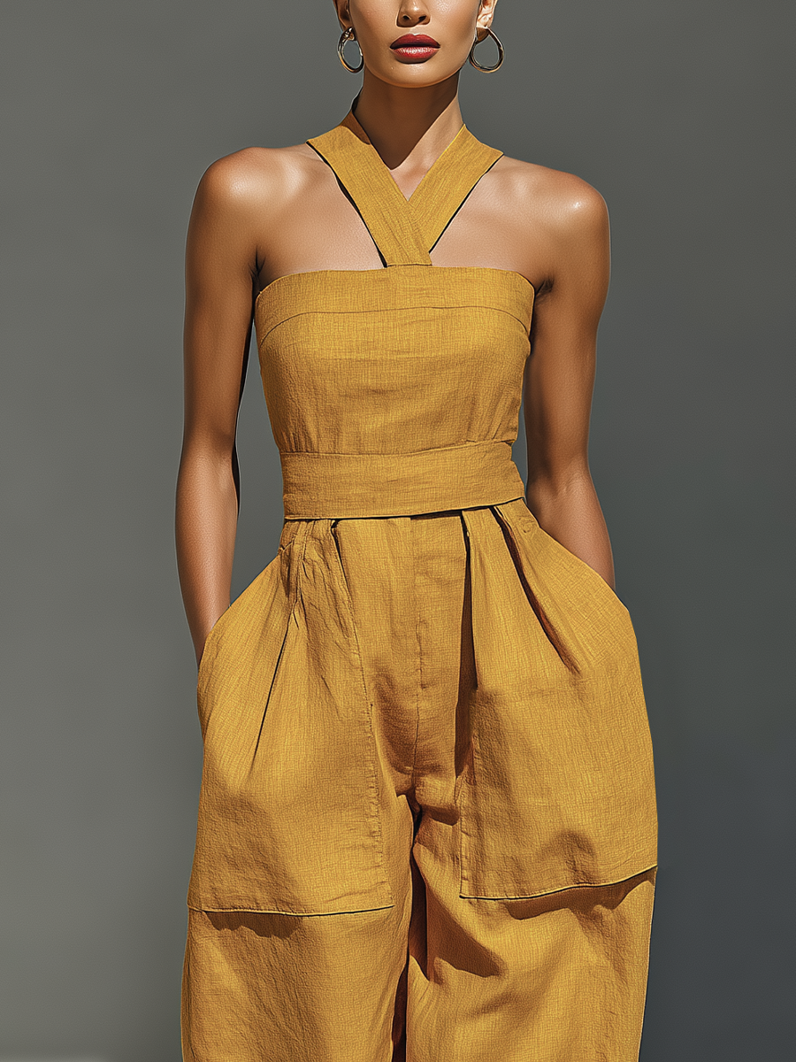 Mustard Yellow Linen-Blend Jumpsuit with Crisscross Neckline for Women