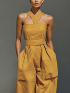 Mustard Yellow Linen-Blend Jumpsuit with Crisscross Neckline for Women