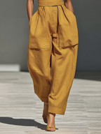 Mustard Yellow Linen-Blend Jumpsuit with Crisscross Neckline for Women