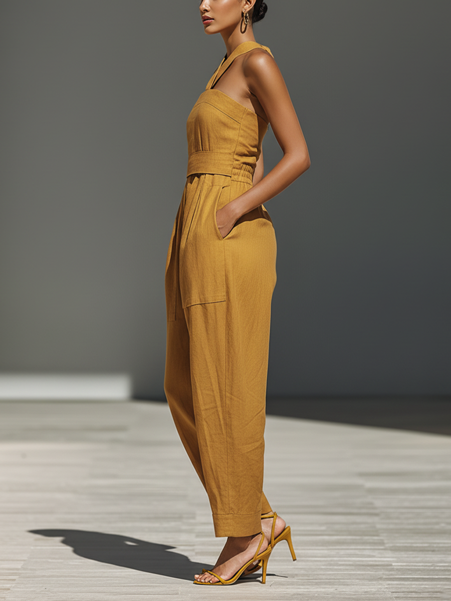 Mustard Yellow Linen-Blend Jumpsuit with Crisscross Neckline for Women