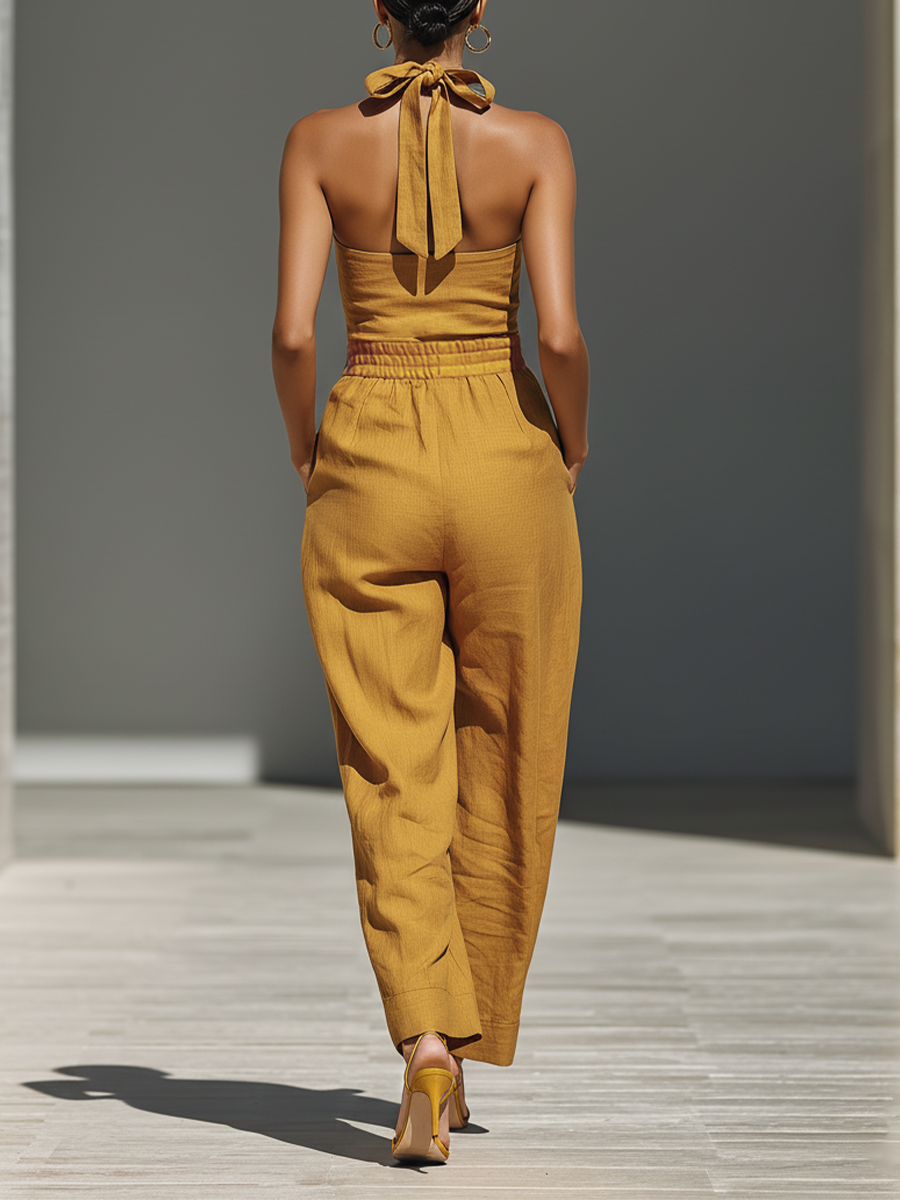 Mustard Yellow Linen-Blend Jumpsuit with Crisscross Neckline for Women