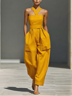 Mustard Yellow Linen-Blend Jumpsuit with Crisscross Neckline for Women