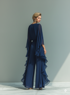 Navy Blue Chiffon Top with Flared Sleeves and Ruffled Trousers Set for Women