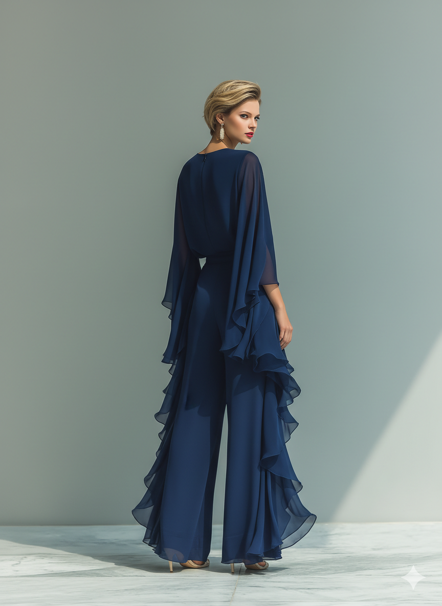Navy Blue Chiffon Top with Flared Sleeves and Ruffled Trousers Set for Women
